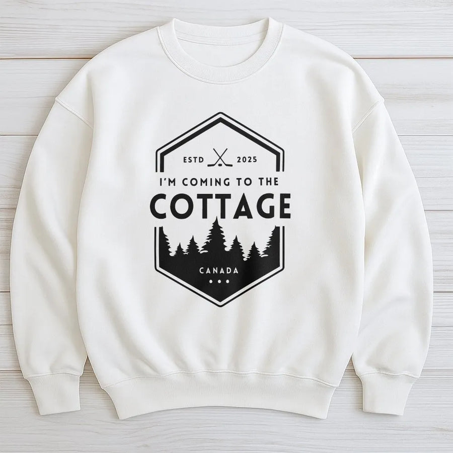 I'm Coming To The Cottage Sweatshirt | Canada Hockey Forest Graphic | Premium Cotton Blend | Unisex Canadian Vacation Gift for Hockey Fans