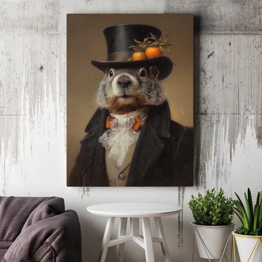 Groundhog Portrait Canvas Wall Art | Dapper Gentleman In Top Hat | Premium Gallery Wrapped Decor | Whimsical Animal Home Decor Gift For Wildlife Lovers