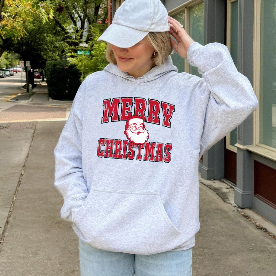 Merry Christmas Santa Hoodie | Retro Distressed Graphic Pullover | Soft Cotton-Blend Premium Quality | Festive Holiday Apparel Gift for Men and Women