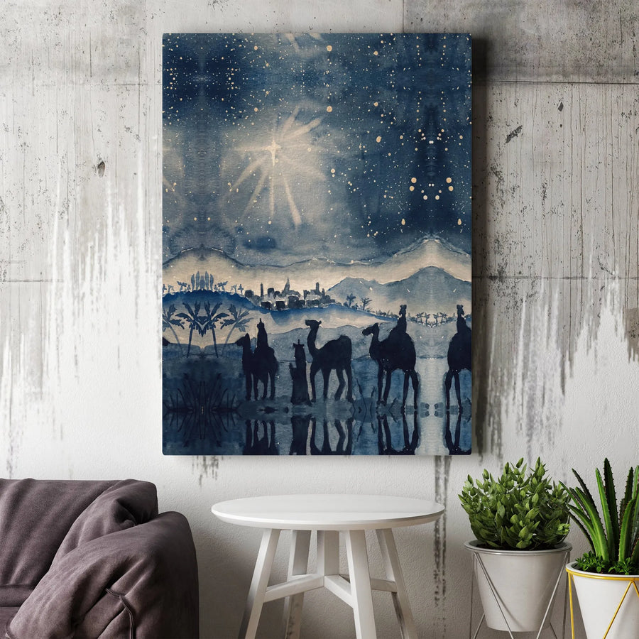 Nativity Scene Canvas Print | Three Wise Men Following Bethlehem Star | Watercolor Religious Wall Art | Premium Christmas Holiday Home Decor