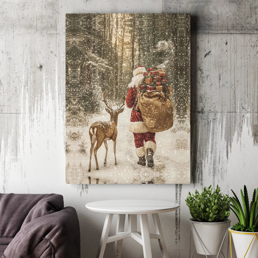 Santa Claus and Reindeer Canvas Wall Art | Snowy Forest Christmas Scene | Gallery Wrapped Premium Decor | Holiday Gift for Home Office
