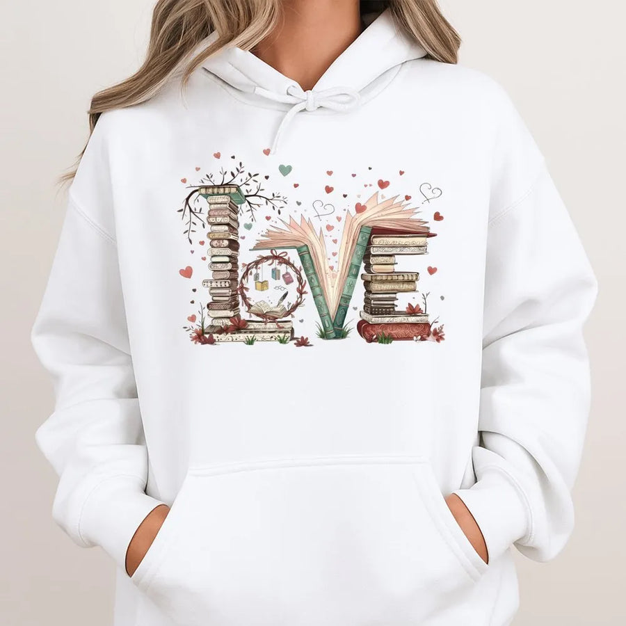 Book Lover Hoodie | Love Typography Stacked Books Graphic | Soft Cotton Blend Aesthetic | Gift for Readers Librarians Bookish Women