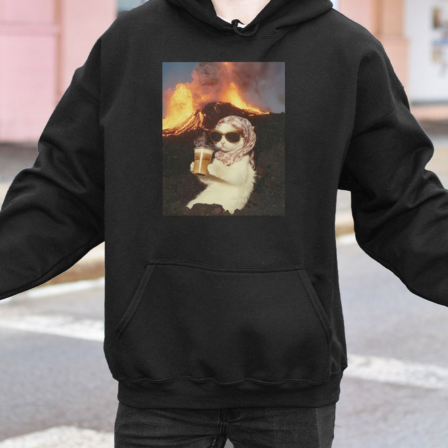 Funny Cat Hoodie | Chill Meme Graphic with Coffee at Volcano | Premium Cotton-Blend Streetwear | Unique Gift for Animal Lovers