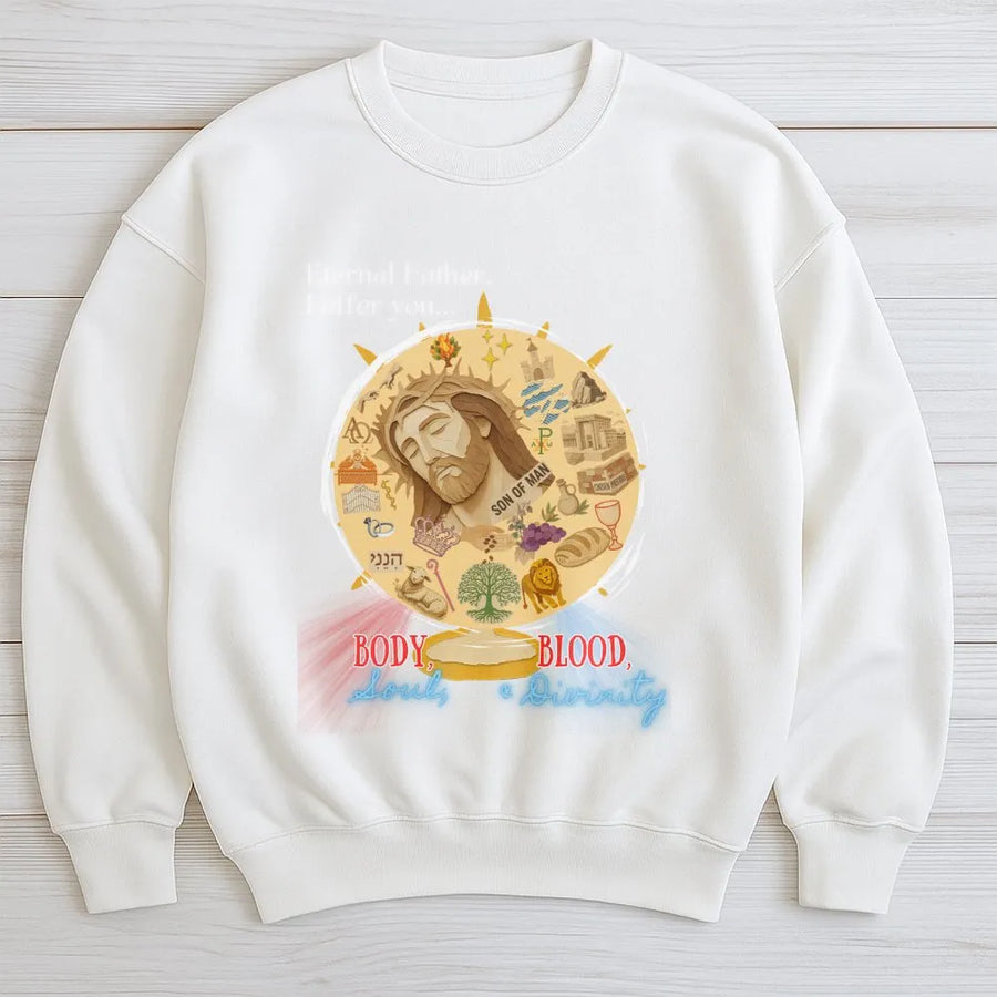 Divine Mercy Sweatshirt | Body Blood Soul Divinity Graphic | Premium Cotton Blend | Catholic Christian Religious Gift