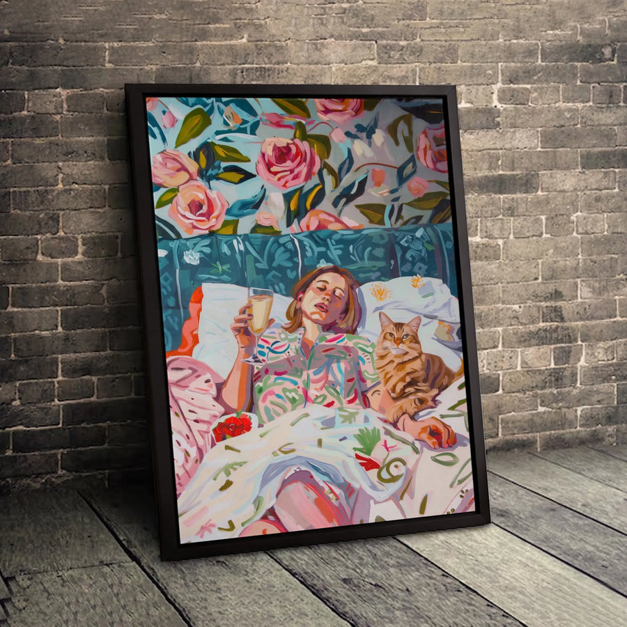 Woman In Bed With Cat Canvas Art | Floral Bedroom Aesthetic Painting | Premium Fade-Resistant Gallery Wrap | Cozy Home Decor Gift For Her