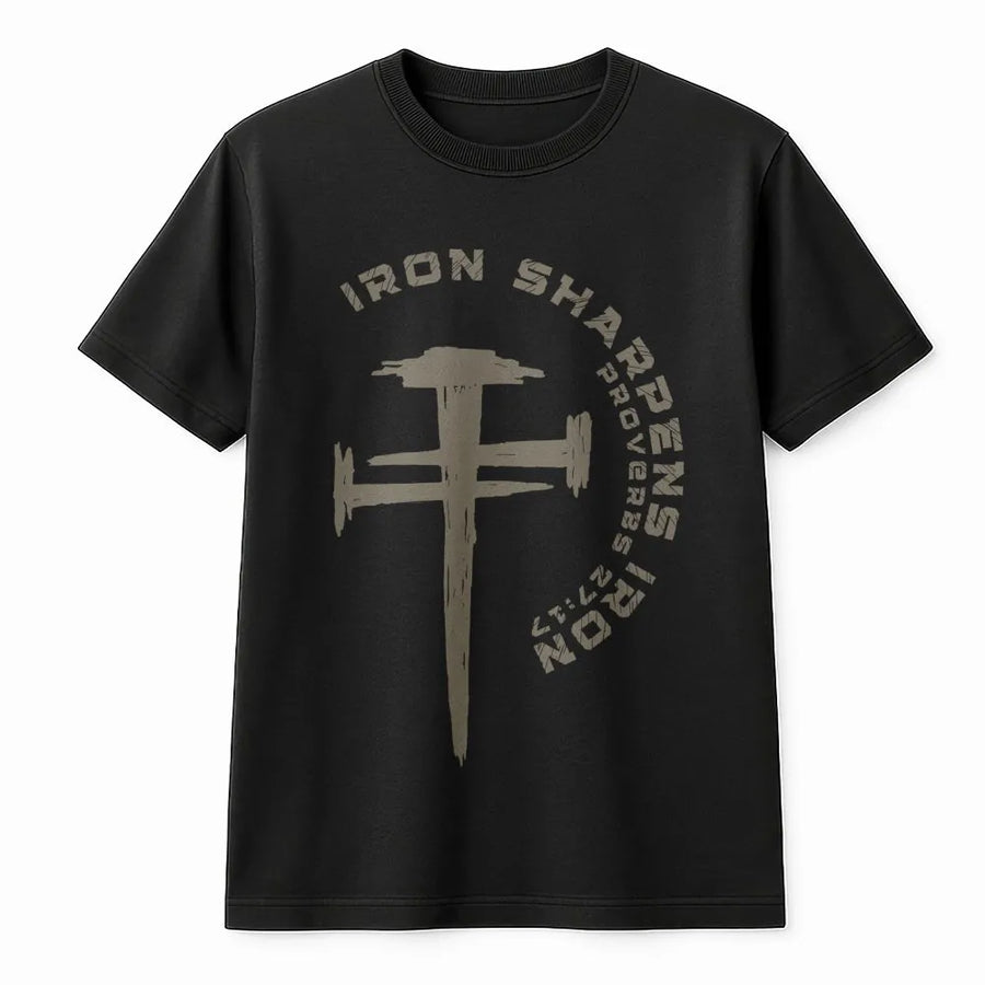 Iron Sharpens Iron T-Shirt | Proverbs 27:17 Cross Nail Design | Premium Cotton Religious Apparel | Christian Fitness Gift for Men and Women