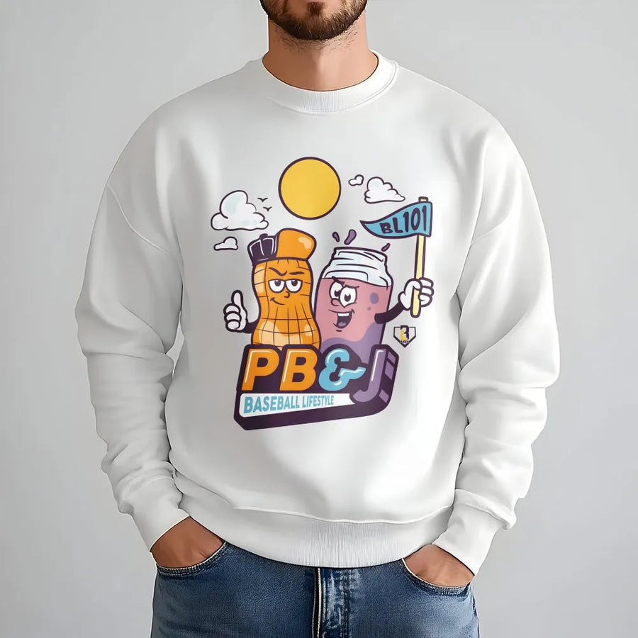 Funny PB&J Baseball Sweatshirt | Cartoon Peanut & Jelly Graphic | Soft Cotton Unisex Tee | Gift for Baseball Lover and Softball Fans