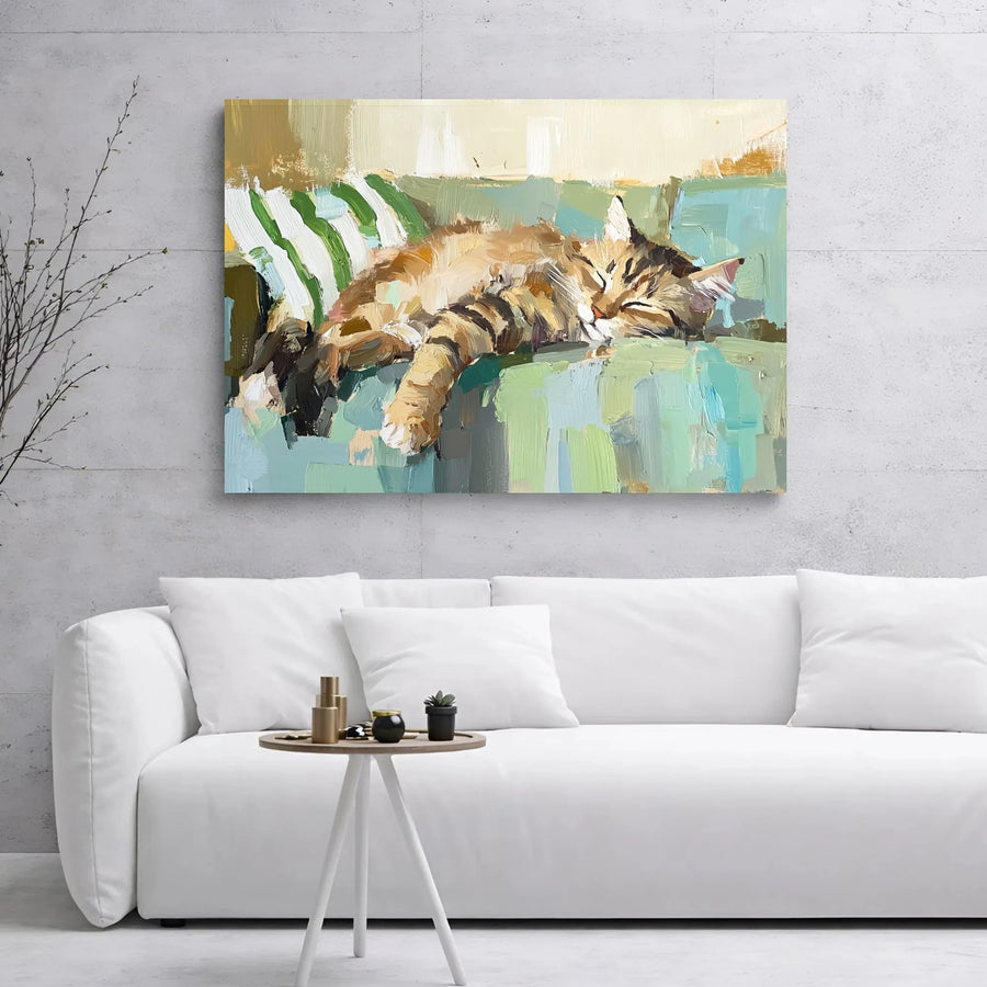 Sleeping Tabby Cat Canvas Art | Impressionist Oil Painting Style | Premium Gallery Wrap 1.25" Frame | Cozy Home Office Decor Gift for Cat Lovers