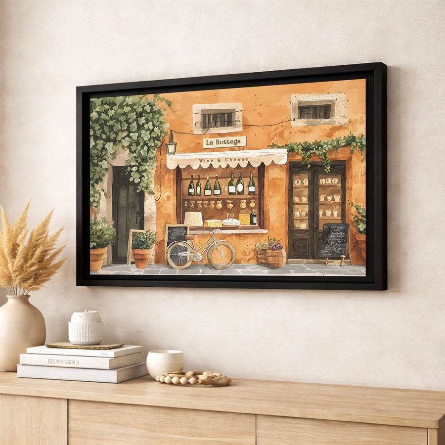 Italian Wine Shop Canvas Art | Tuscan Storefront Watercolor Print | Premium Gallery-Wrapped Wall Decor | Kitchen and Dining Room Gift