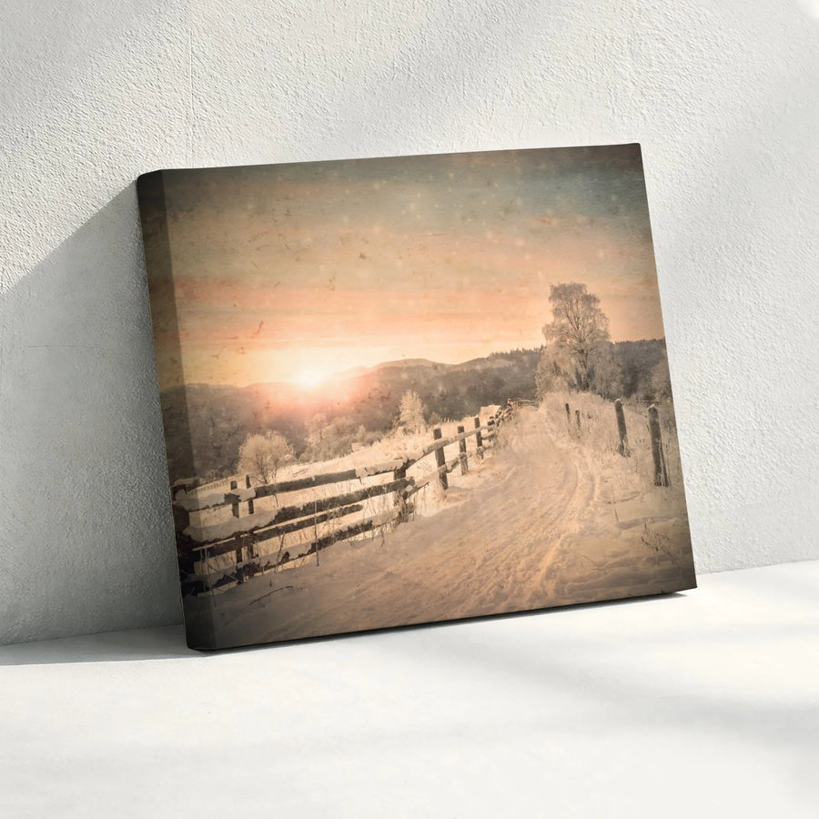 Winter Landscape Canvas Art | Snowy Country Road Sunset Print | Premium 1.25 Inch Gallery Wrap | Seasonal Farmhouse Home Decor