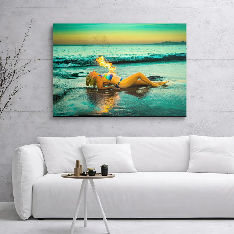 Fire Breather Canvas Art | Surreal Beach Sunset Photography | Premium Gallery Wrap Wall Decor | Statement Piece for Living Room