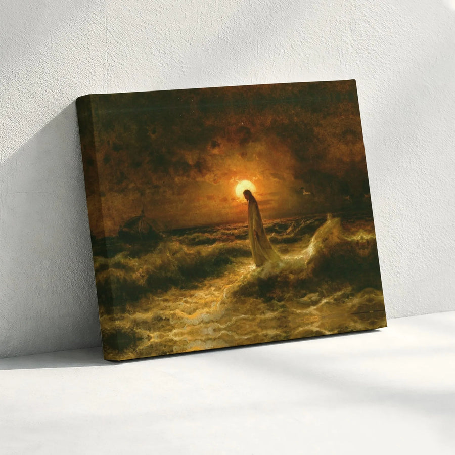 Jesus Walking On Water Canvas Print | Religious Coastal Wall Art | Premium Fade-Resistant Gallery Wrap | Christian Home Decor Gift
