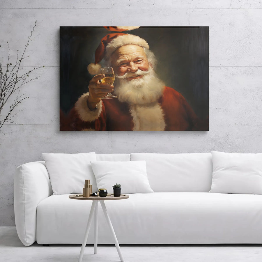 Santa Claus Toasting Canvas Wall Art | Vintage Oil Painting Style Portrait | Premium Gallery Wrap Decor | Festive Holiday Home Decor Gift