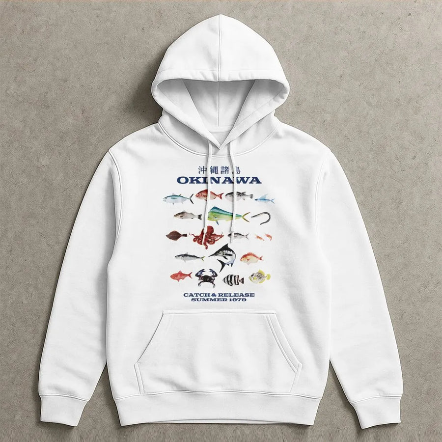 Okinawa Fish Hoodie | Retro 1979 Japanese Fish Identification Chart | Soft Cotton Blend Pullover | Premium Angler & Marine Biology Gift