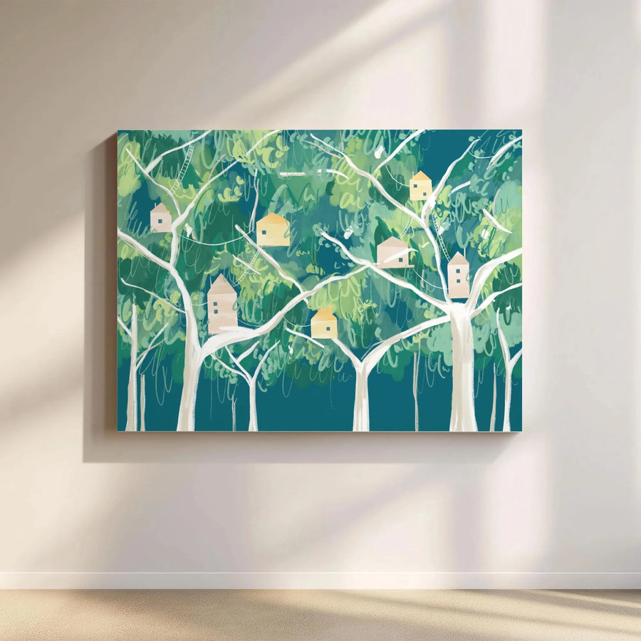 Whimsical Treehouse Canvas Wall Art | Modern Forest Print with Abstract Neighborhood | Premium Gallery Wrapped Canvas | Living Room & Nursery Decor Gift