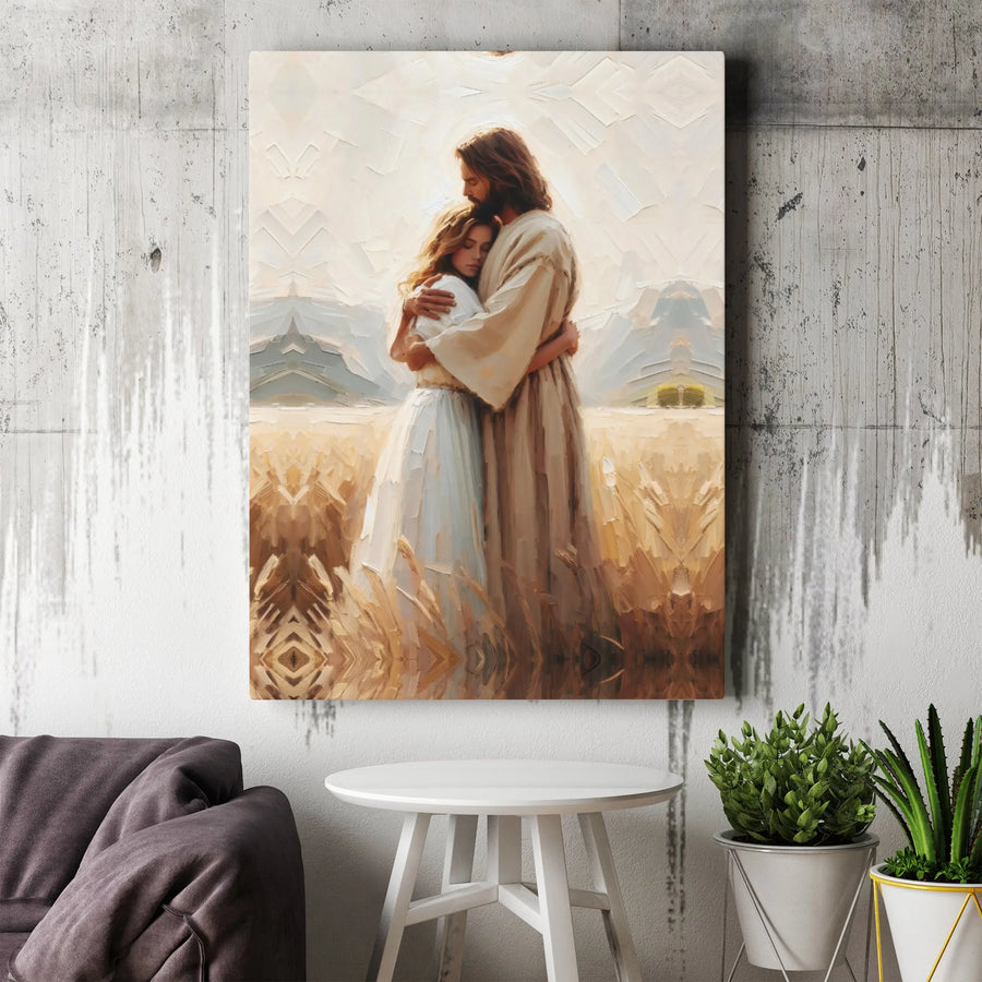 Jesus Embracing Woman Canvas Print | Religious Oil Painting Style | Premium 1.25 Inch Thick Gallery Wrap | Christian Home Decor Gift