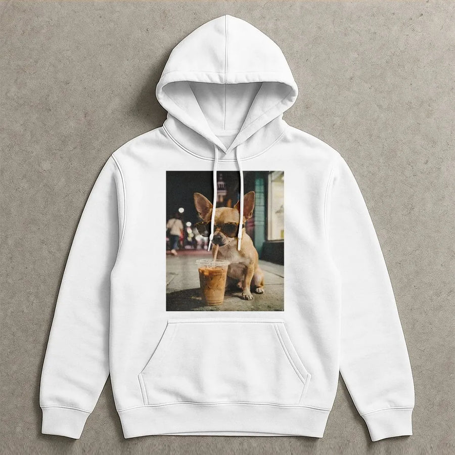 Chihuahua Hoodie | Dog with Sunglasses Drinking Iced Coffee | Soft Unisex Crewneck | Funny Gift for Dog Lover