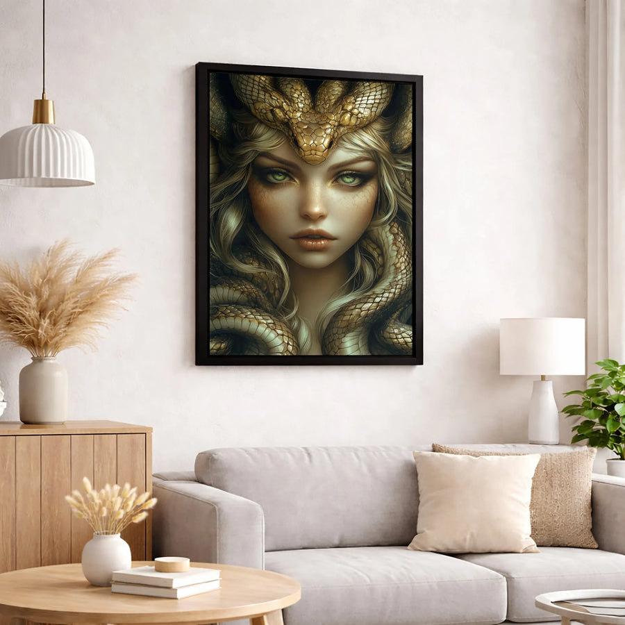 Medusa Wall Art Canvas | Golden Snake Queen Portrait | Gallery Quality 1.25-inch Profile | Mythology Lover Gift & Modern Home Decor