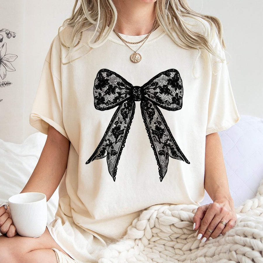 Coquette Lace Bow T-Shirt | Aesthetic Floral Ribbon Graphic | 100% Cotton Premium Tee | Trendy Girly Gift for Her