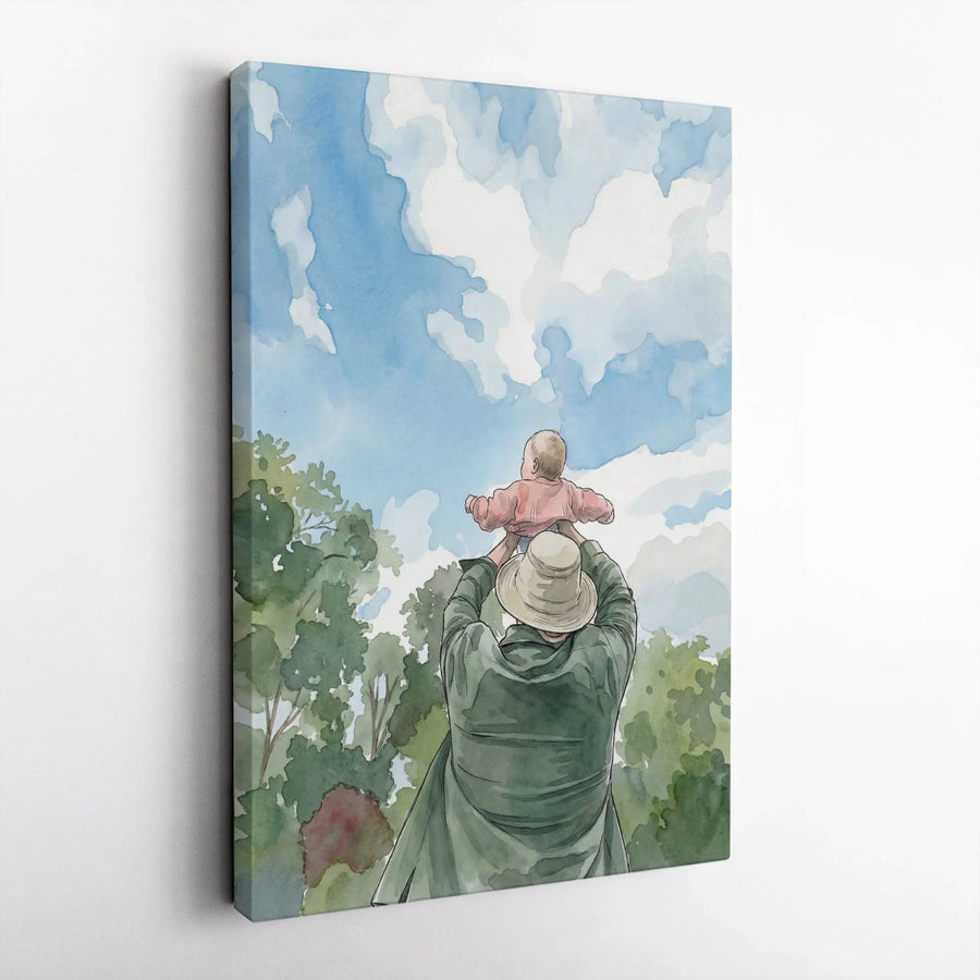 Father and Child Canvas Print | Watercolor Style Family Portrait | Premium Fade-Resistant Canvas | Nursery Wall Decor & New Dad Gift