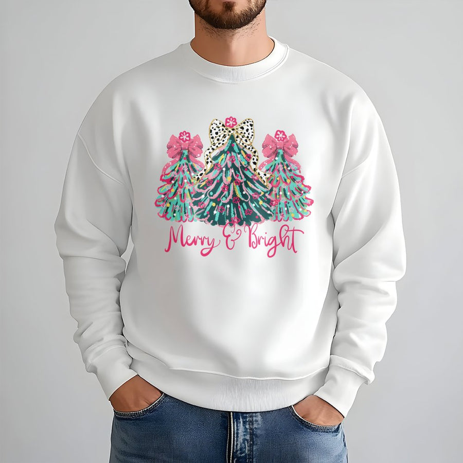 Merry & Bright Christmas Sweatshirt | Colorful Leopard Print Holiday Tree Design | Soft Cotton Blend | Festive Apparel Gift For Her