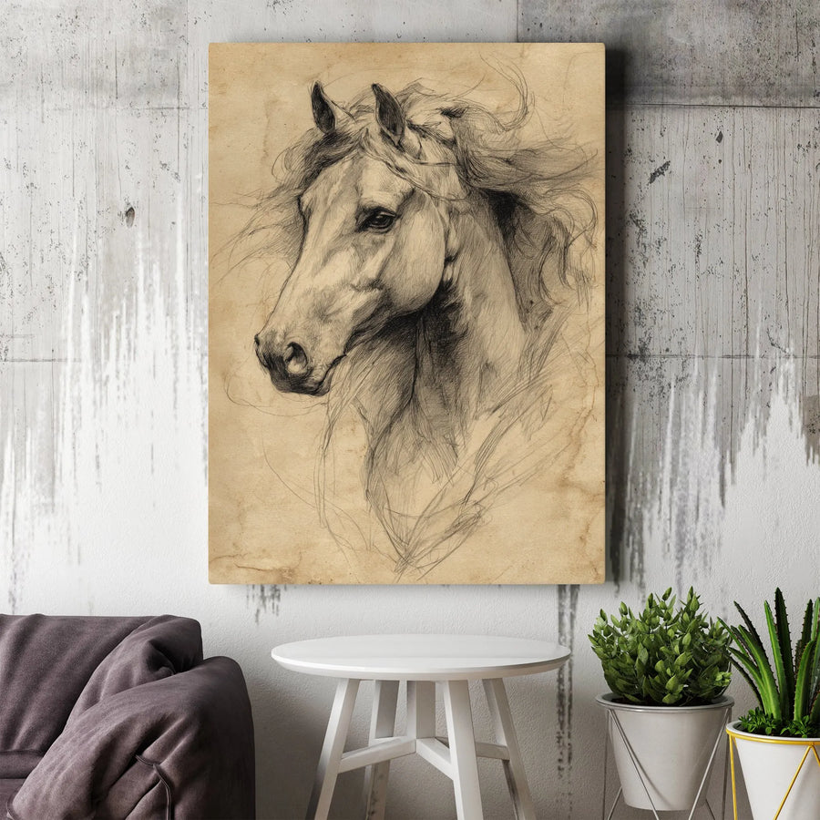Horse Canvas Wall Art | Vintage Pencil Sketch Equestrian Drawing | Premium Gallery Wrap Print | Western Farmhouse Decor Gift for Horse Lovers