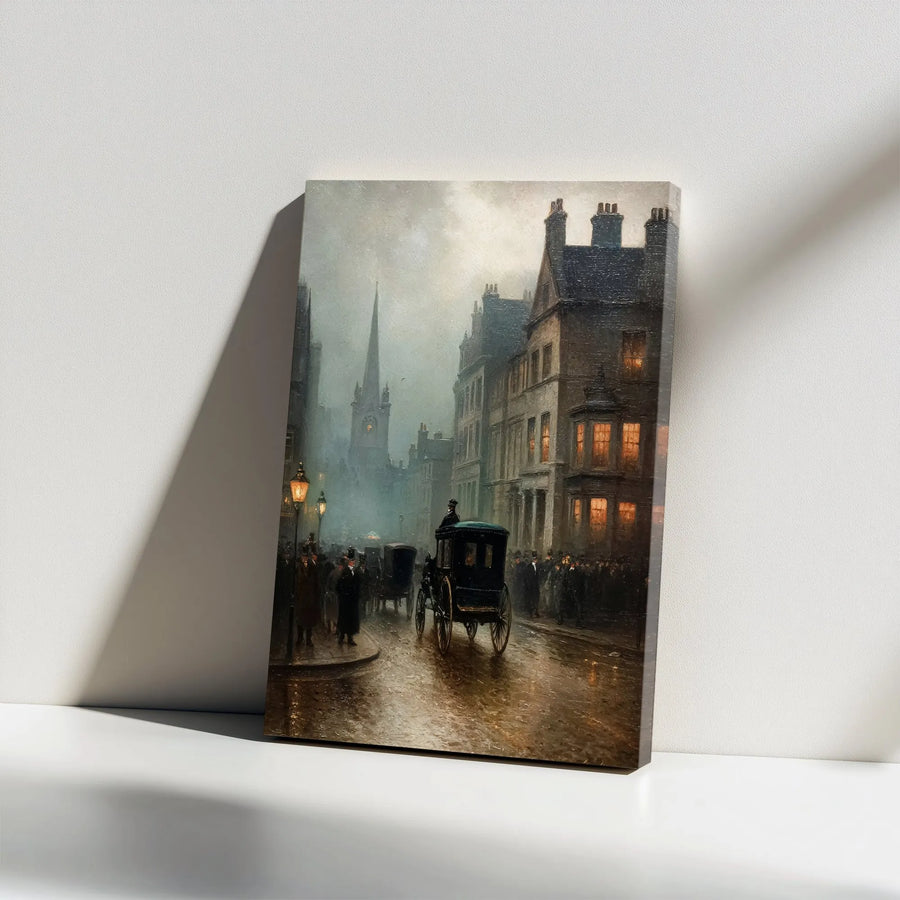 Victorian London Canvas Wall Art | Rainy City Scene with Horse and Carriage | Premium Gallery Wrap Canvas | Classic Home & Office Decor Gift