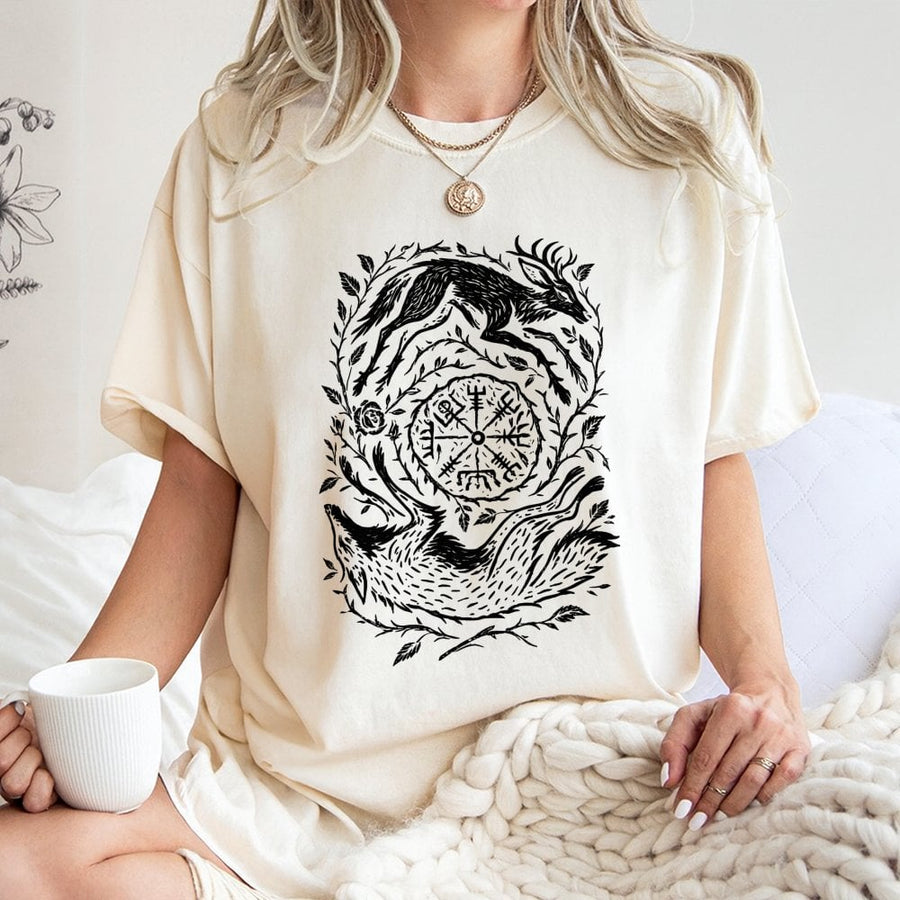 Norse Vegvisir T-Shirt | Wolf and Stag Linocut Graphic | Premium 100% Cotton | Viking Folk Art Gift for Mythology Lovers