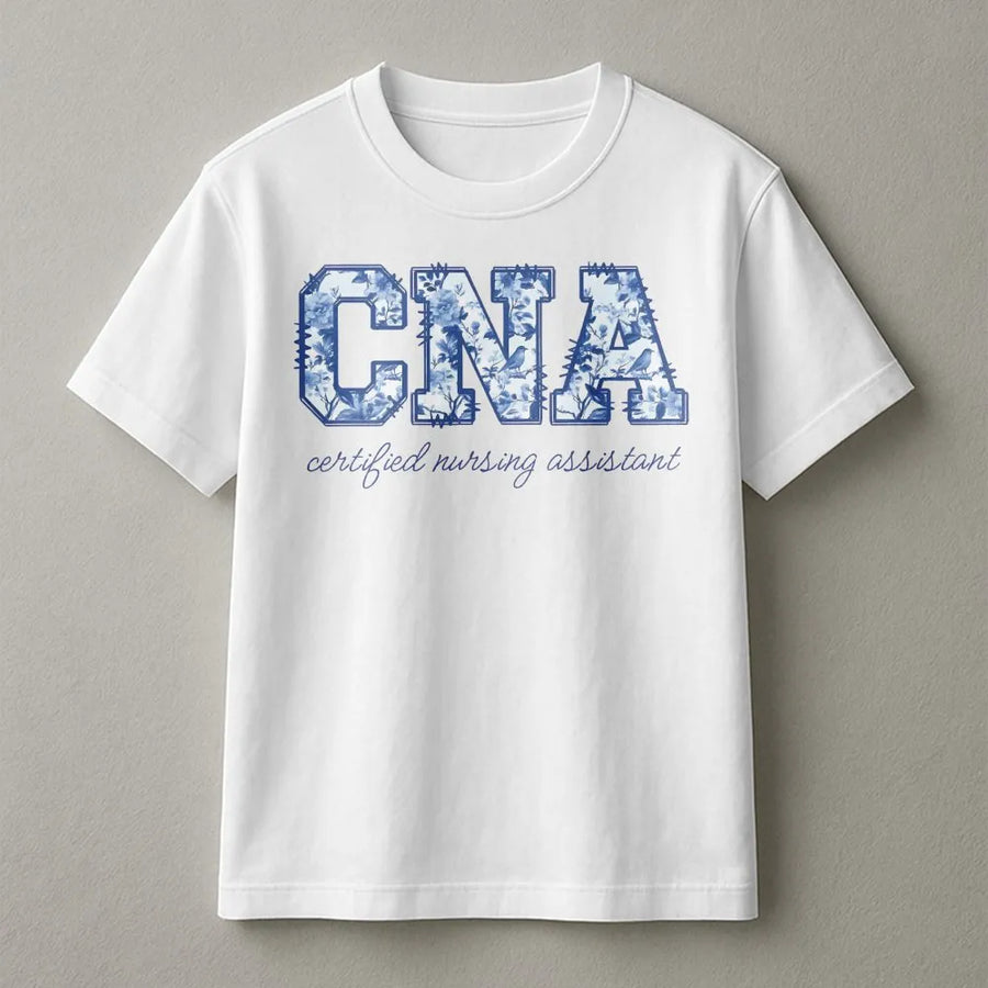 CNA T-Shirt | Toile De Jouy Floral Nursing Design | 100% Soft Cotton Tee | Premium Nurse Appreciation Gift for CNA Professionals