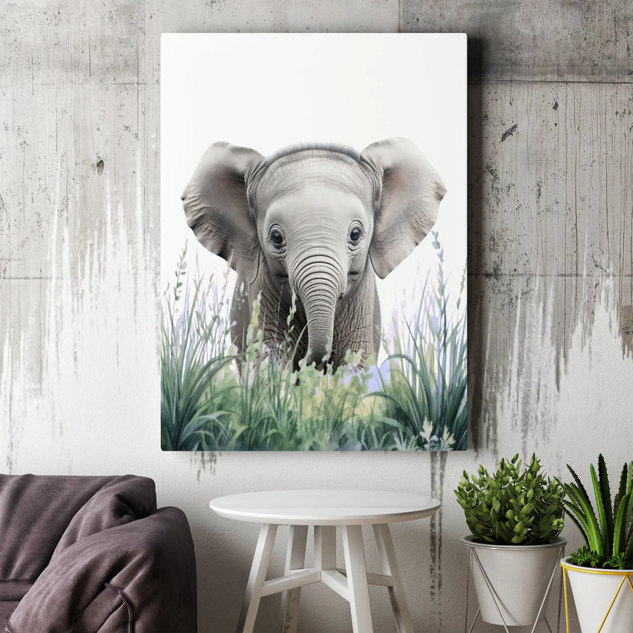 Baby Elephant Canvas Wall Art | Watercolor Wildflower Nursery Decor | 1.25-Inch Gallery Wrap | Premium Animal Print Gift