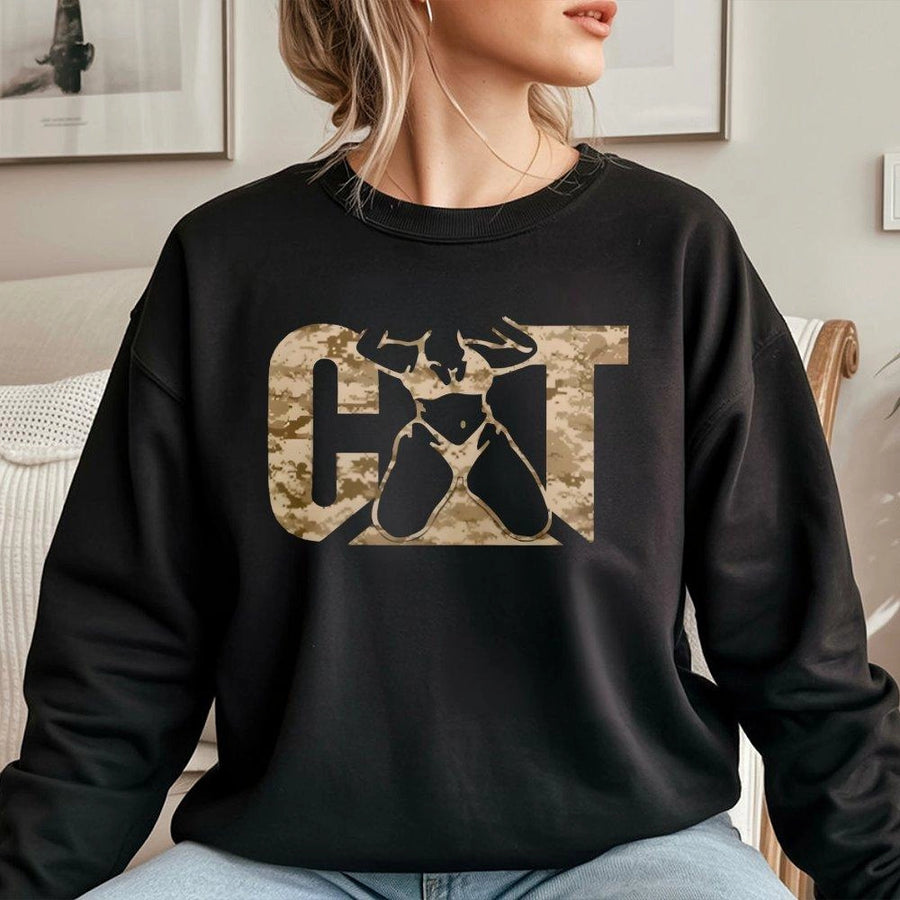 Cat Camo Graphic Sweatshirt | Military Style Text Logo | Premium Cotton Blend | Gift for Cat Lovers and Fitness Enthusiasts