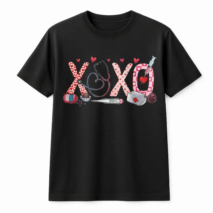 XOXO Nurse Valentine T-Shirt | Medical Heart Stethoscope Graphic | Premium Soft Cotton | Cute Valentines Day Gift for Nurses and Nursing Students