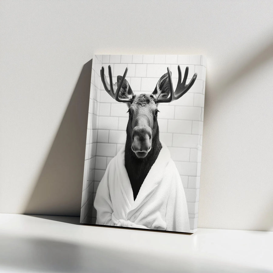 Funny Moose Wall Art | Quirky Animal in Bathrobe Portrait | Premium Gallery Wrapped Canvas | Bathroom Decor Gift for Nature Lovers