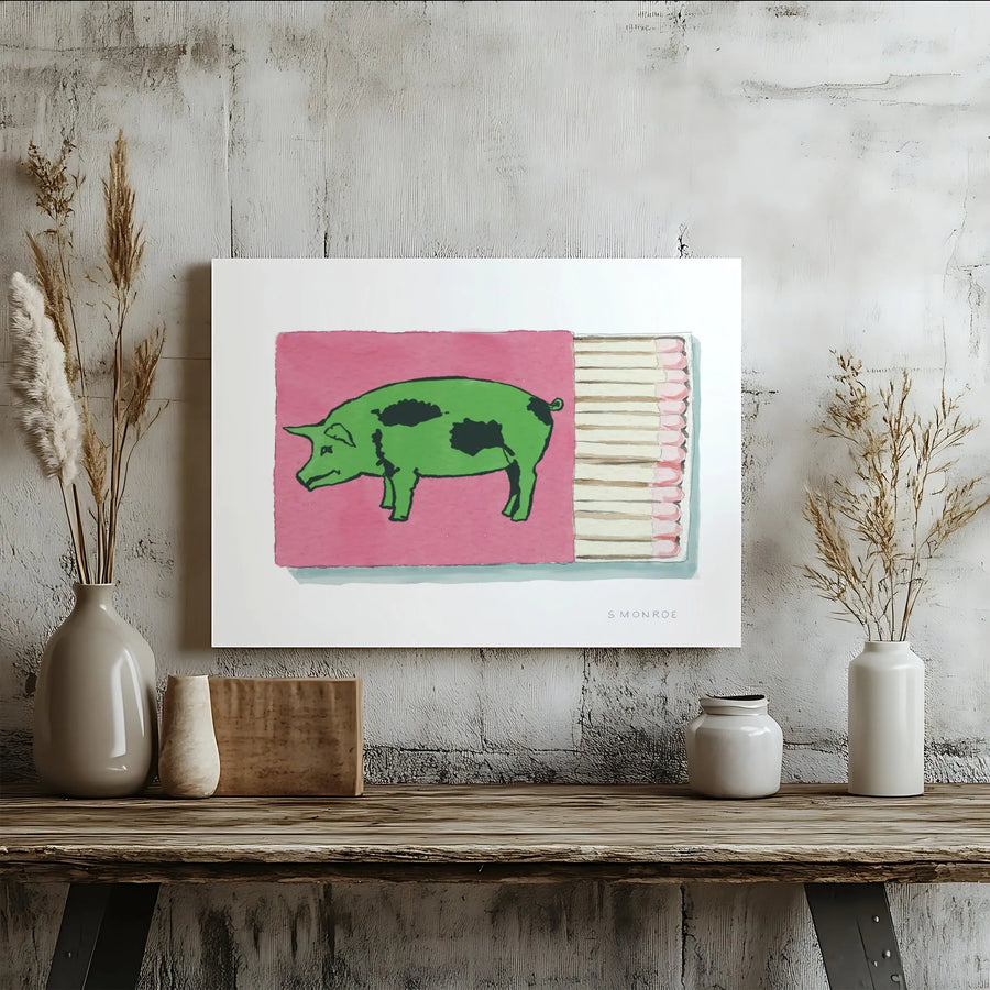 Green Pig Matchbox Canvas Wall Art | Whimsical Pop Art Illustration | Gallery-Quality Fade-Resistant Print | Unique Kitchen or Office Decor Gift