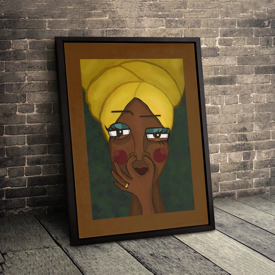 Abstract Black Woman Portrait Canvas | Yellow Headwrap Wall Art | Premium 1.25-Inch Gallery Wrap | Modern African American Decor Gift
