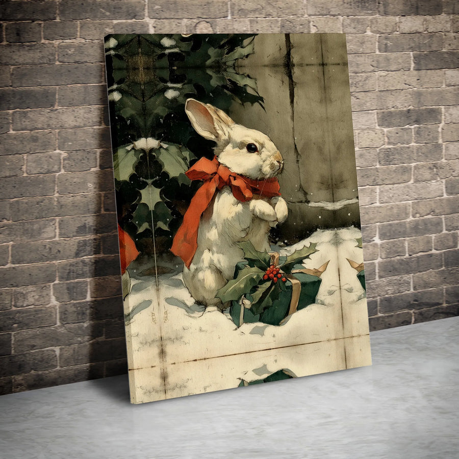 Vintage Christmas Rabbit Canvas | Festive Bunny with Red Bow and Holly | Gallery Quality Fade-Resistant Print | Holiday Home Decor Gift