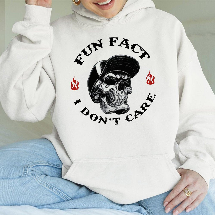Fun Fact I Don't Care Hoodie | Sarcastic Skull Graphic Pullover | Premium Cotton Blend Streetwear | Edgy Gift for Men and Women