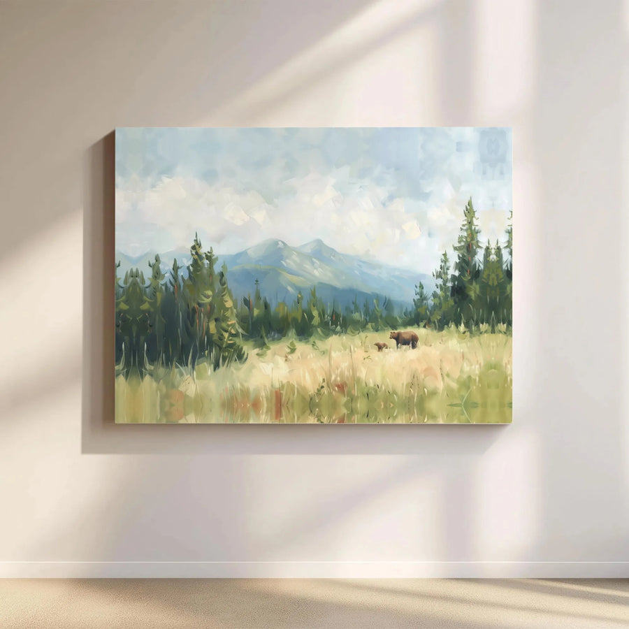 Bear and Cub Canvas Wall Art | Impressionist Mountain Landscape | Premium Gallery Canvas Print | Rustic Cabin Decor Gift