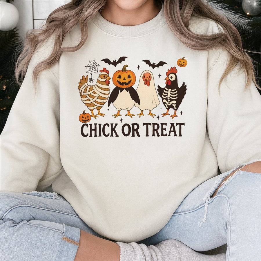 Chick Or Treat Sweatshirt | Funny Halloween Chicken Costume Graphic | Premium Cotton Blend Unisex Crewneck | Cute Spooky Fall Gift For Poultry Lovers
