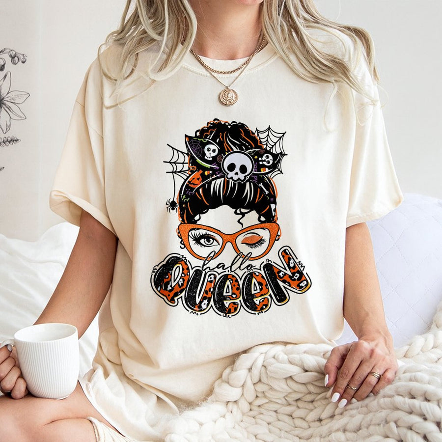 Halloween Queen T-Shirt | Messy Bun Skull Glasses Graphic | Premium 100% Cotton Tee | Spooky Mom Gift for Fall Season