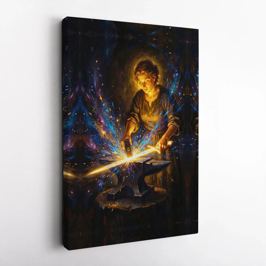 Fantasy Blacksmith Canvas Art | Magical Sword Forging Wall Decor | 1.25-Inch Gallery Wrap Print | Epic Gamer Room & Office Decor