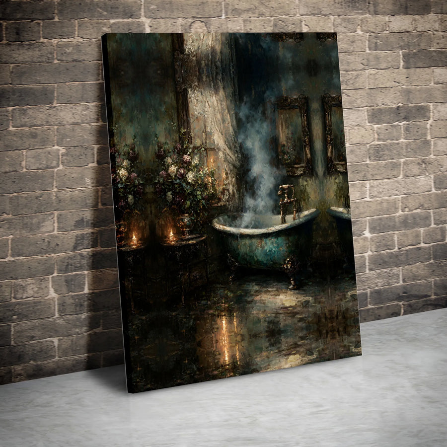 Vintage Bathroom Canvas Print | Victorian Clawfoot Tub Painting | Thick Gallery Wrapped Canvas | Moody Bathroom & Spa Decor Gift