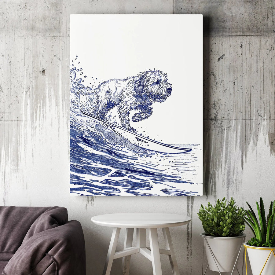 Surfing Doodle Dog Canvas Wall Art | Blue Ink Sketch Illustration | Premium Gallery Wrapped Print | Coastal Home Decor Gift for Dog Lovers