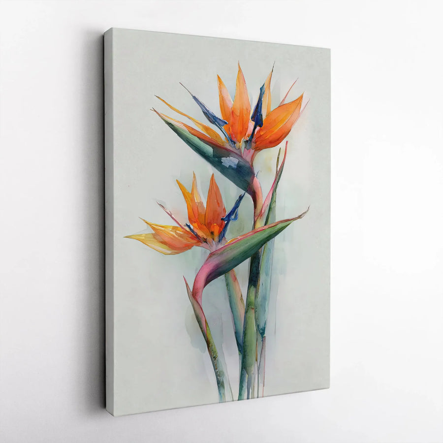Bird of Paradise Vertical Canvas | Watercolor Tropical Flower Art | Premium Gallery Wrapped Print | Modern Botanical Home Decor Gift