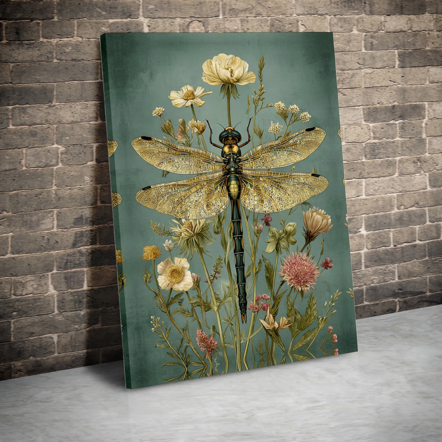 Dragonfly Wall Art Canvas Print | Vintage Botanical Illustration with Wildflowers | Premium Frameless Canvas | Nature Lover Home Decor Gift