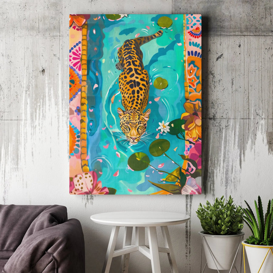 Jaguar Wall Art Canvas | Vibrant Tropical Rainforest Pond Print | 1.25-Inch Gallery Wrap Frame | Modern Animal Decor Gift for Home Office