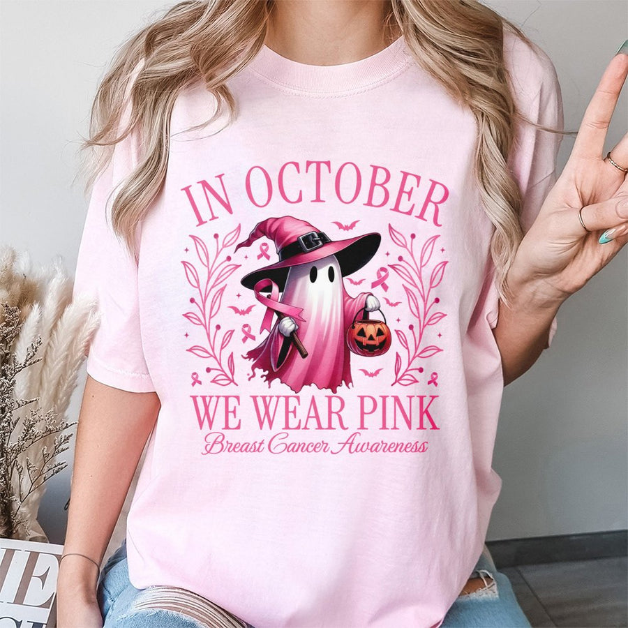 In October We Wear Pink Ghost T-Shirt | Halloween Breast Cancer Awareness Graphic | 100% Cotton Premium Tee | Support Survivor Gift