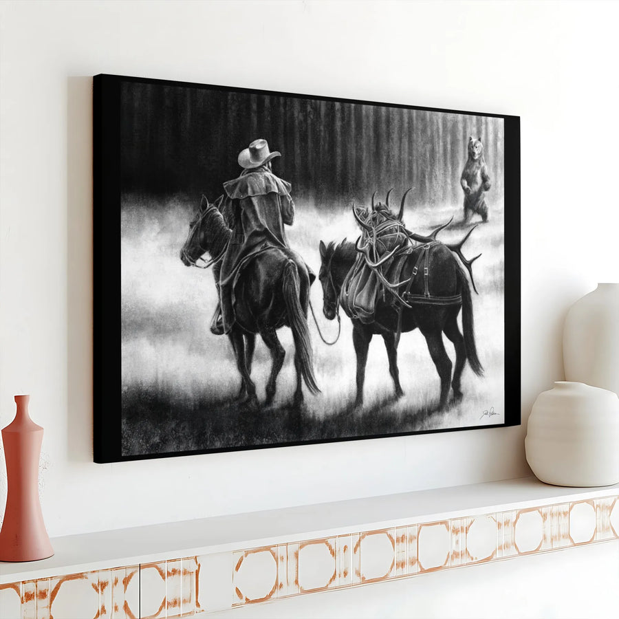 Western Grizzly Bear Canvas Print | Cowboy and Pack Mule Wildlife Art | Premium Gallery Wrap Wall Decor | Rustic Lodge Home Gift