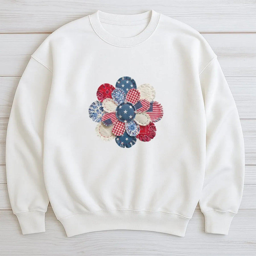 Patriotic Patchwork Flower Sweatshirt | Americana Quilt Style Graphic | Premium Comfort Colors Tee | 4th of July Gift for Women