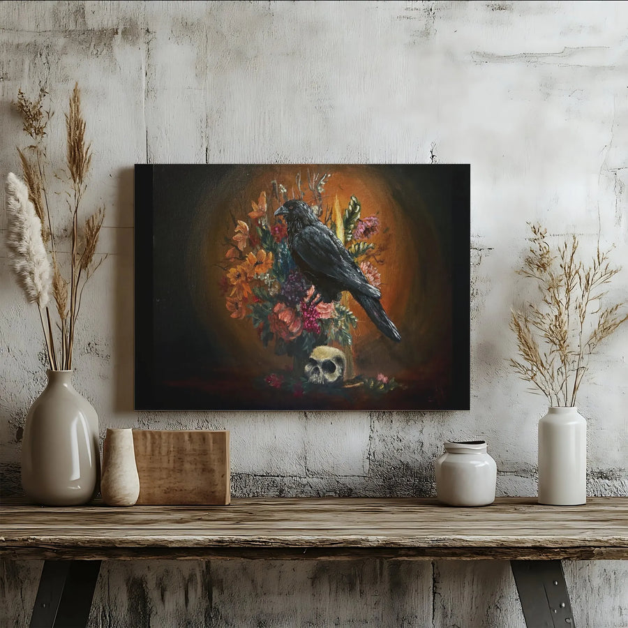 Gothic Crow Skull Canvas Wall Art | Dark Academia Floral Still Life | Premium Gallery Wrap Print | Spooky Home Decor for Office or Living Room
